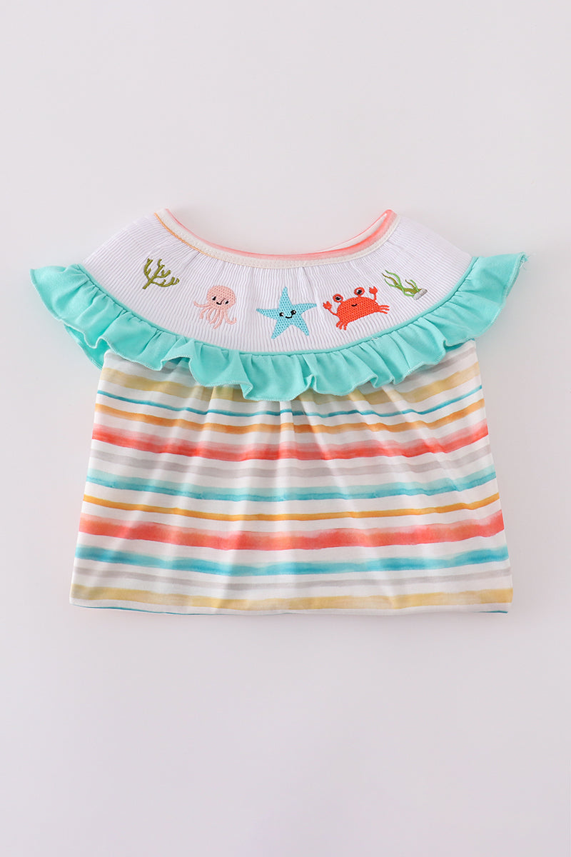 Rainbow Stripe Marine Creature Embroidery Smocked Shorts Set