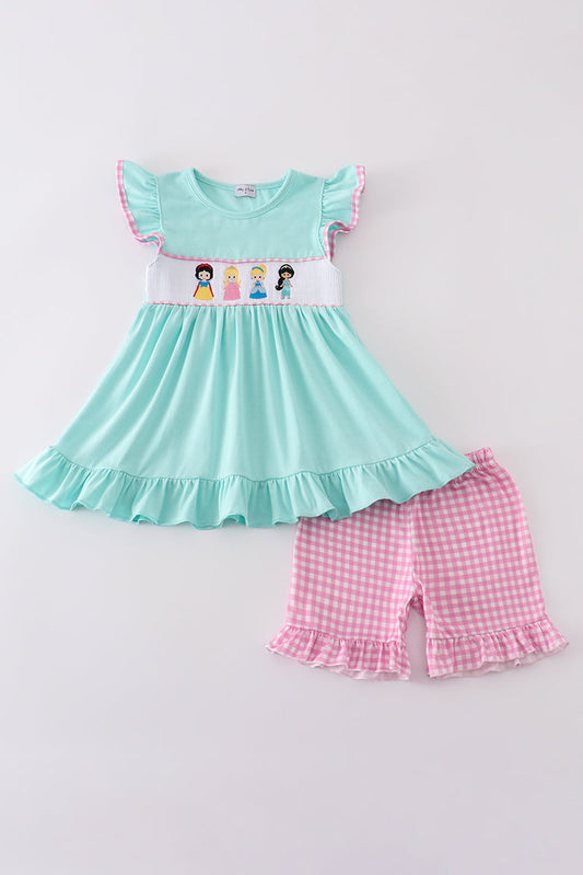Mint Princess Embroidery Gingham Shorts Set