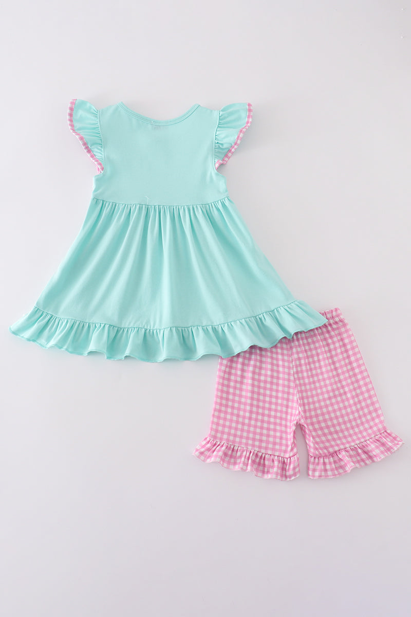 Mint Princess Embroidery Gingham Shorts Set