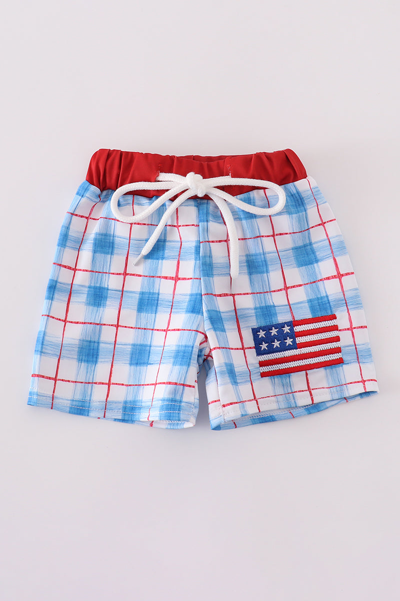 Flag Embroidery Smocked Plaid Swim Trunkis Upf50+