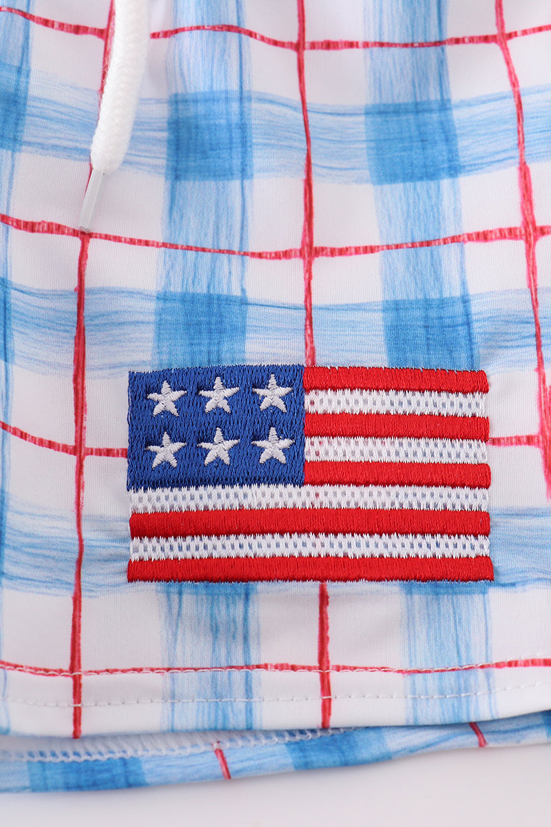 Flag Embroidery Smocked Plaid Swim Trunkis Upf50+