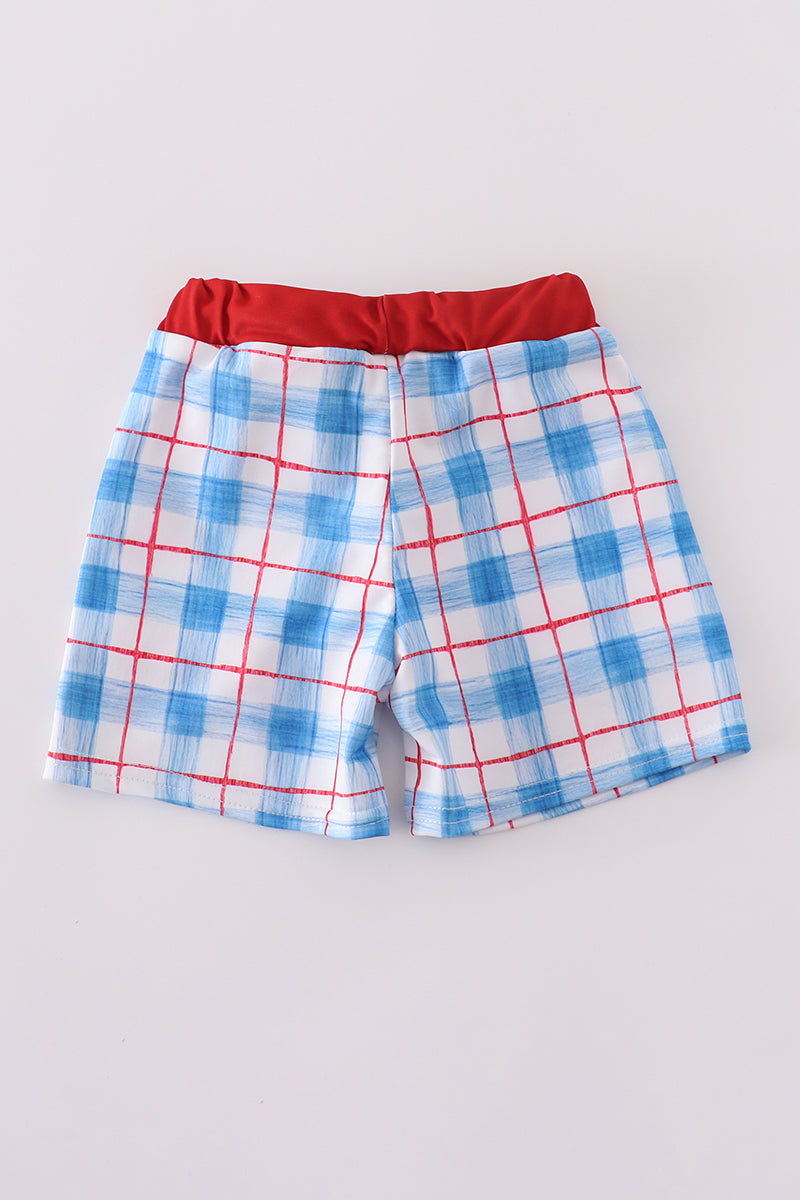 Flag Embroidery Smocked Plaid Swim Trunkis Upf50+