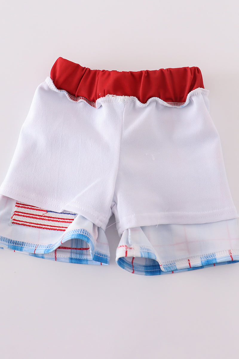 Flag Embroidery Smocked Plaid Swim Trunkis Upf50+