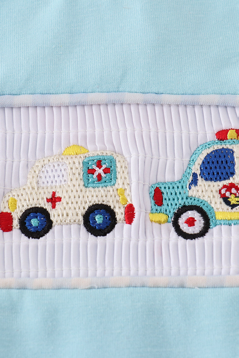 Blue Fire Truck Police Car Embroidery Smocked Top