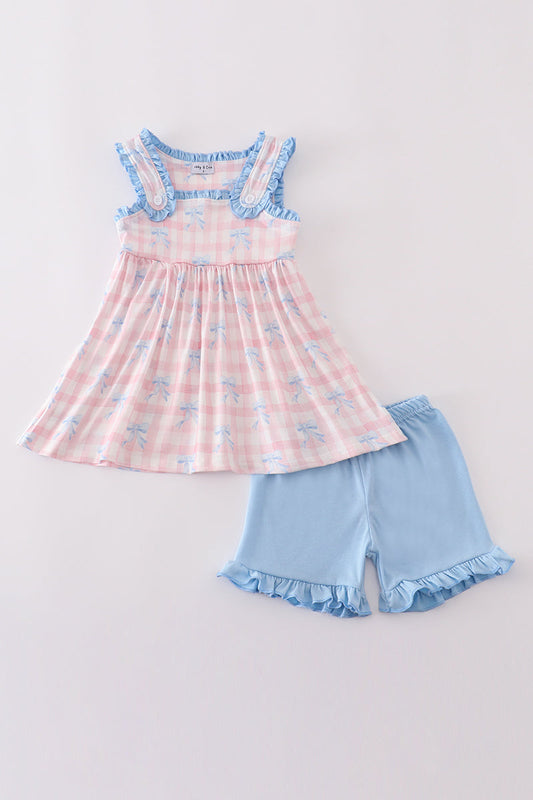 Pink Plaid Bow Print Gingham Shorts Set