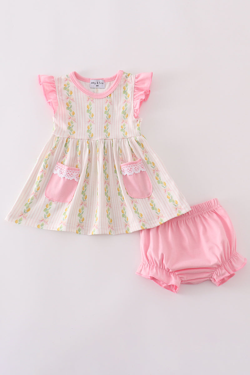 Pink Lemon Print Bow Ruffle Bloomer Set