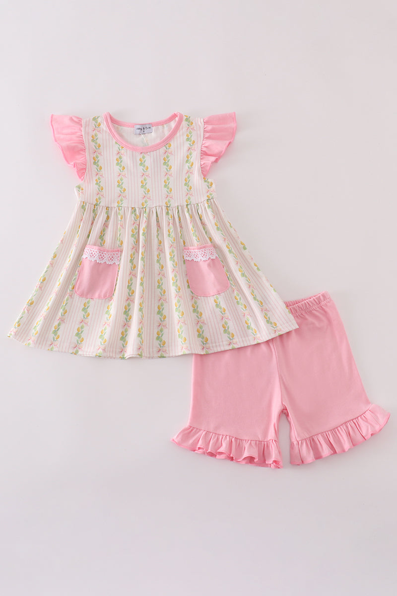 Pink Lemon Print Bow Ruffle Shorts Set