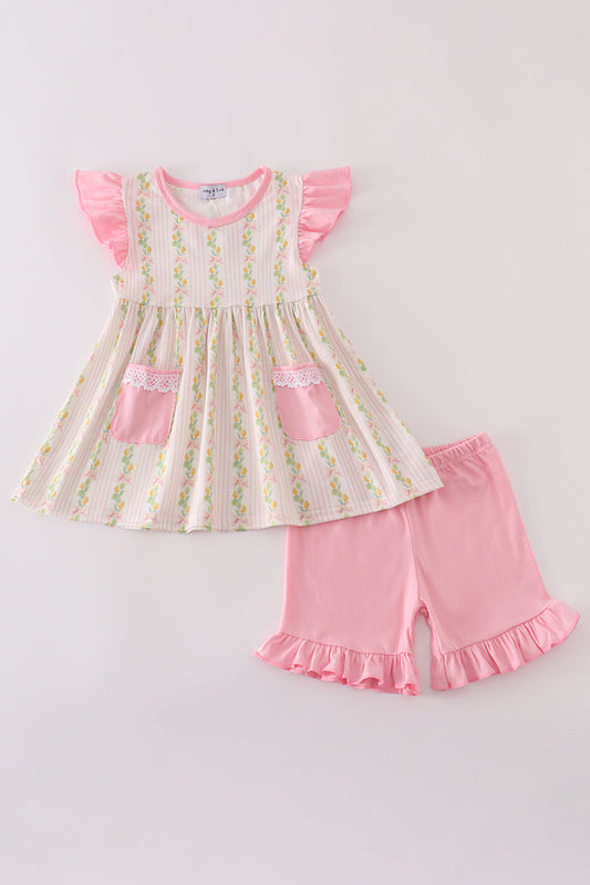 Pink Lemon Print Bow Ruffle Shorts Set
