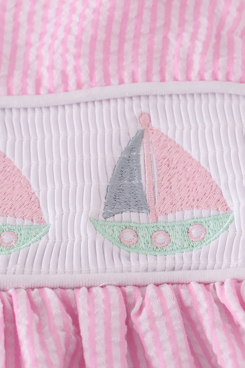 Pink Stripe Seersucker Sailboat Embroidery Smocked Dress