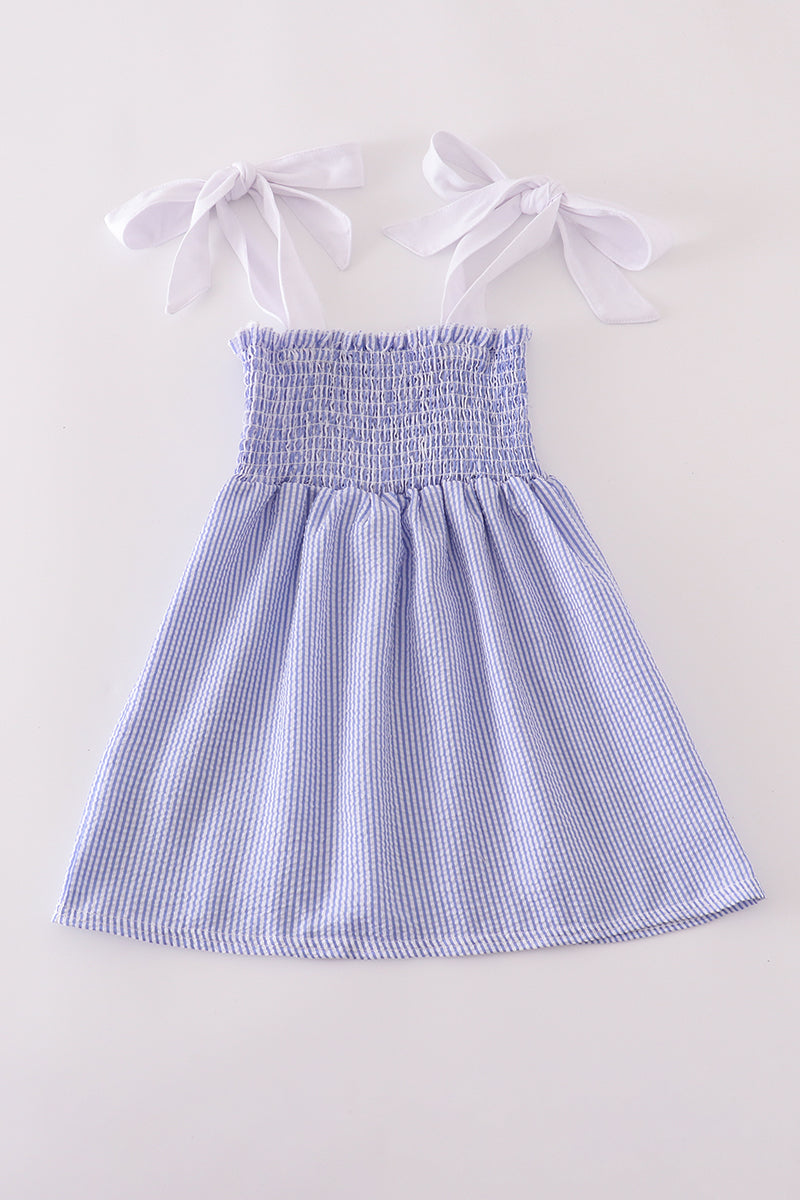 Blue Stripe Seersucker Smocked Mom&Me Dress
