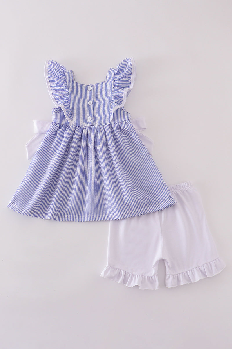 Blue Stripe Seersucker Shorts Set