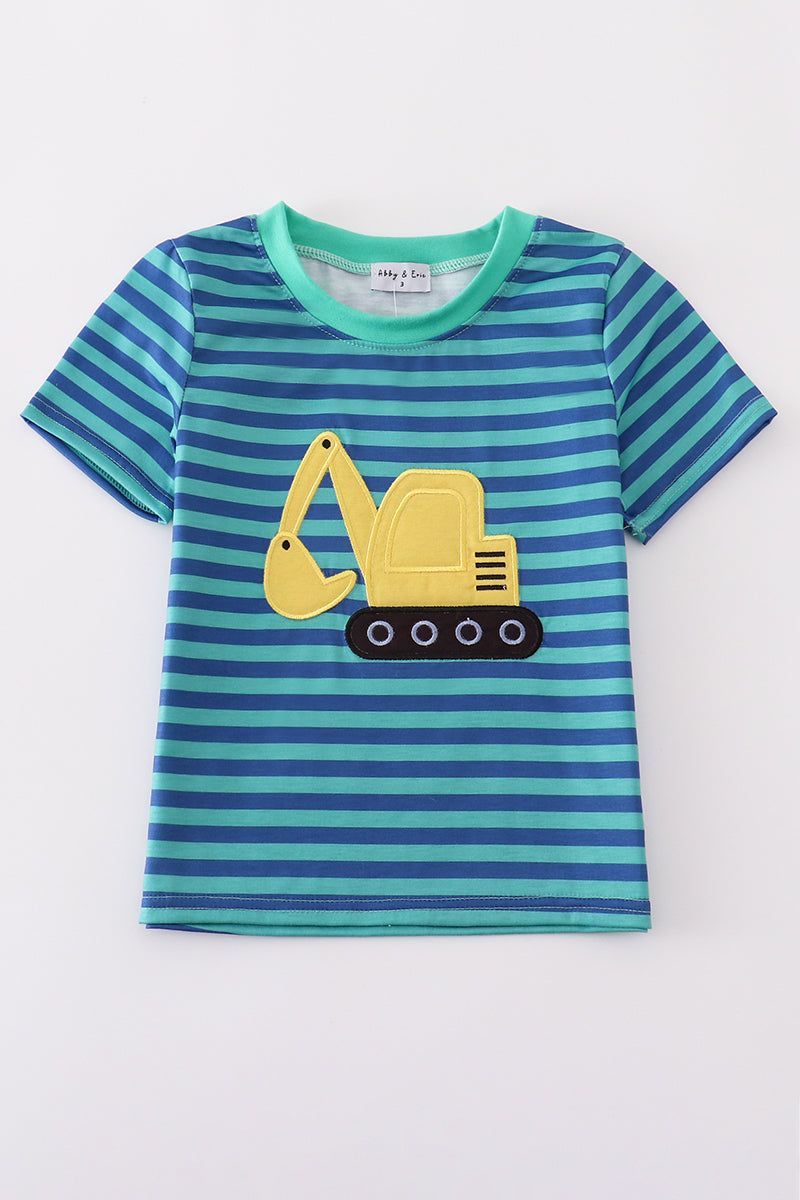 Teal Stripe Excavator Applique Top