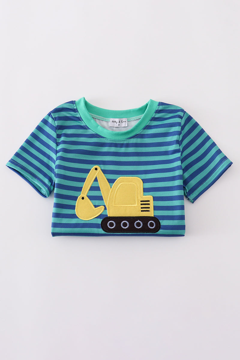 Teal Stripe Excavator Applique Top