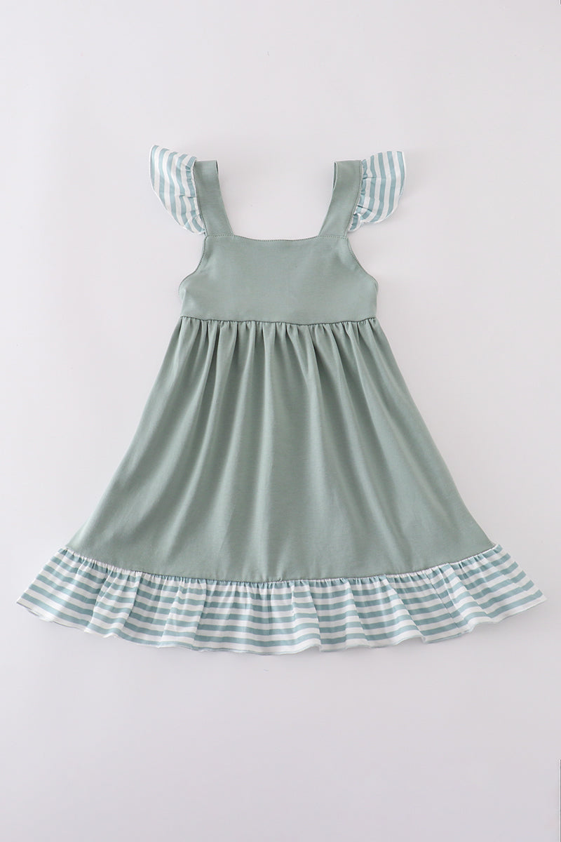 Sage Stripe Flutter Trim Ruffle Dress
