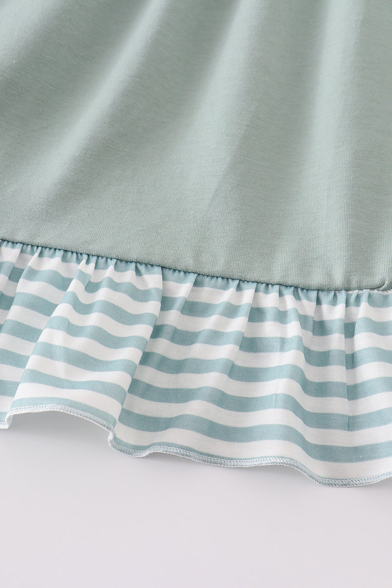 Sage Stripe Flutter Trim Ruffle Dress