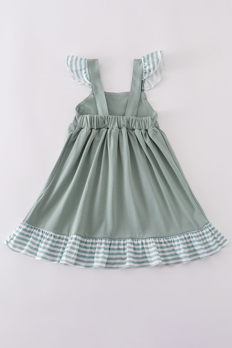 Sage Stripe Flutter Trim Ruffle Dress