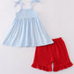 Blue&Red Character Applique Shorts Set
