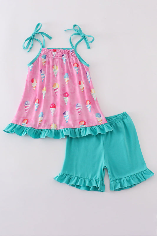 Pink Ice Cream Print Shorts Set