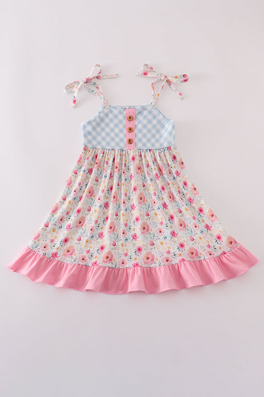 Pink Floral Print Strap Dress