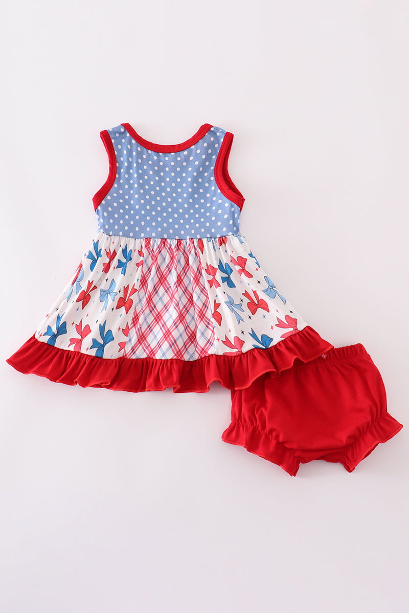 Blue Bow Print Ruffle Bloomer Set