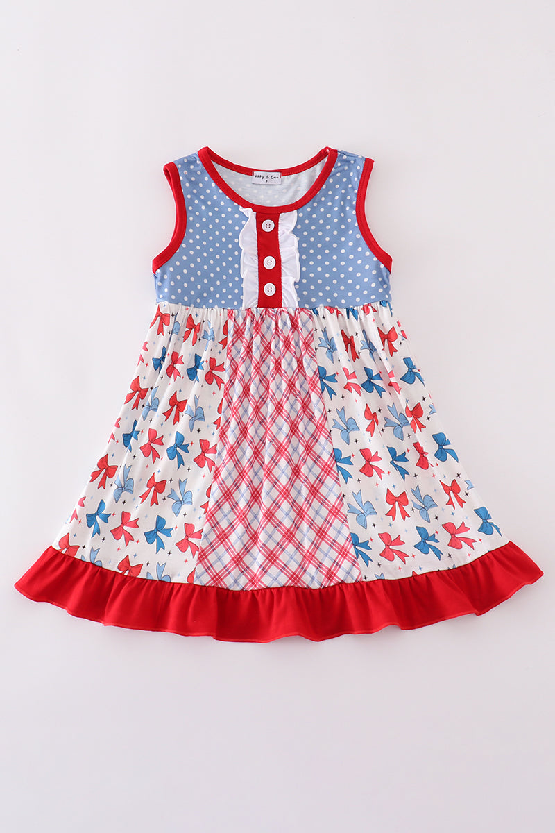 Blue Bow Print Ruffle Dress