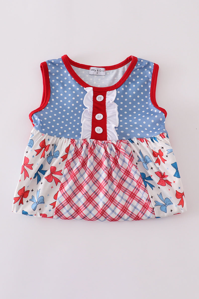 Blue Bow Print Ruffle Dress