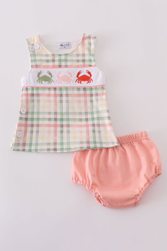 Crab Embroidery Plaid Bloomer Set