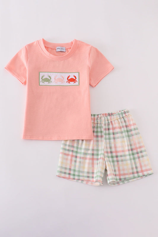 Crab Embroidery Plaid Shorts Set