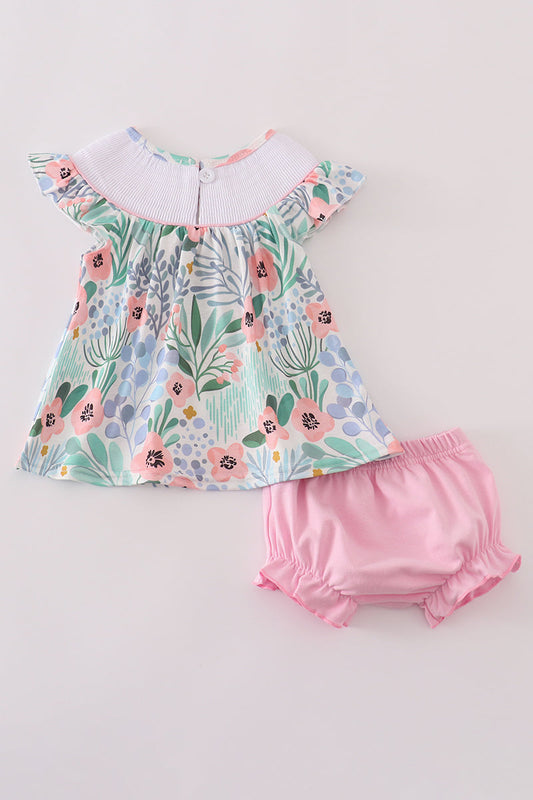 Floral Flamingo Embroidery Smocked Bloomer Set