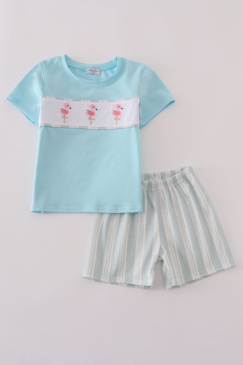 Blue Flamingo Embroidery Short Set