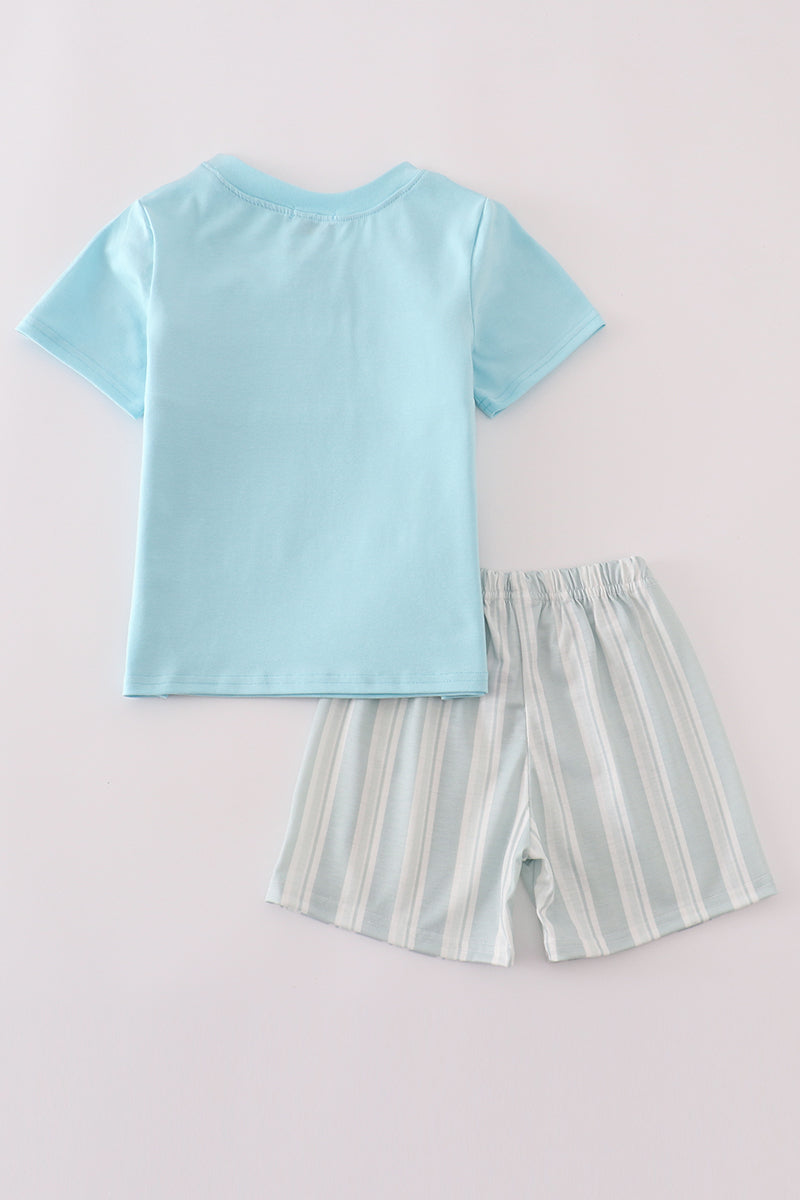 Blue Flamingo Embroidery Short Set