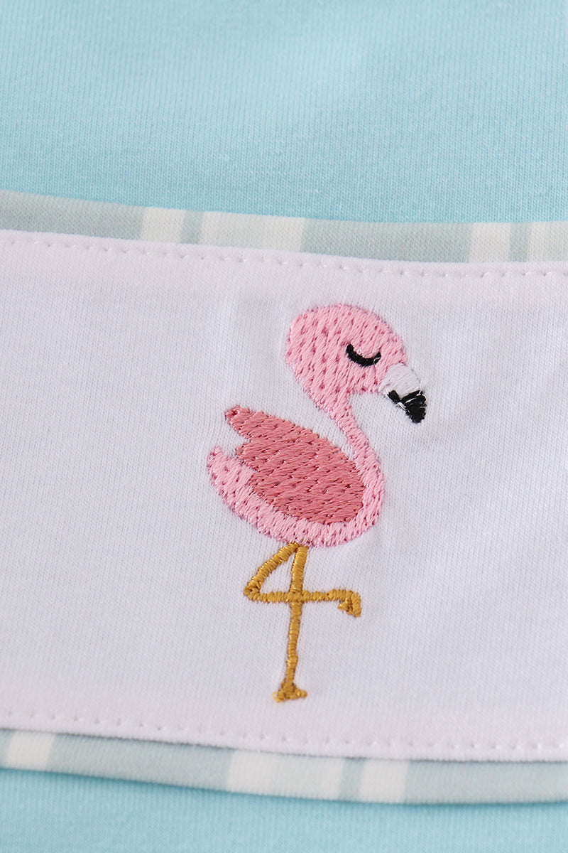 Blue Flamingo Embroidery Short Set
