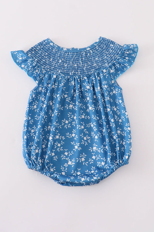 Blue Floral Print Smocked Bubble