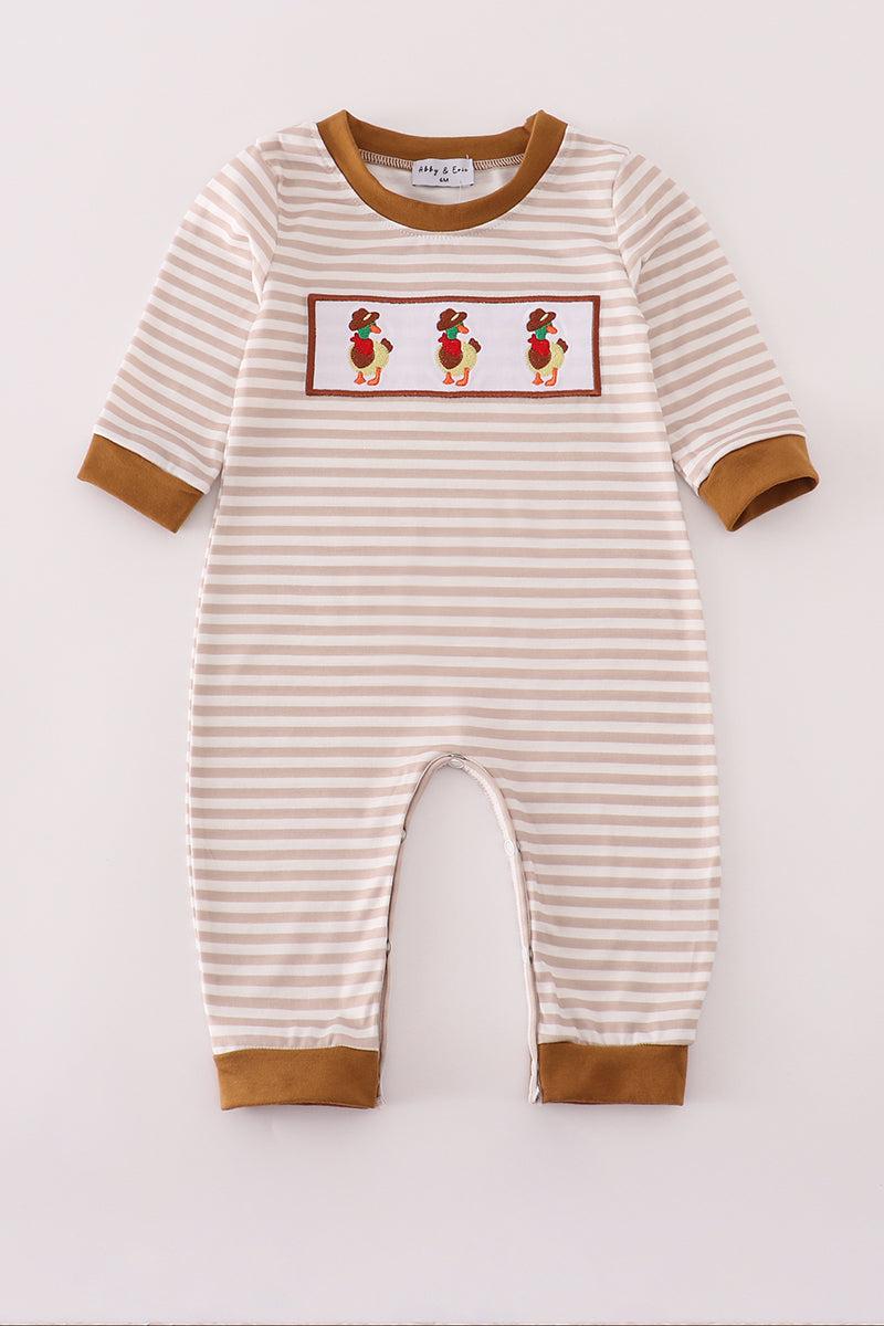 Brown Stripe Duck Embroidery Romper