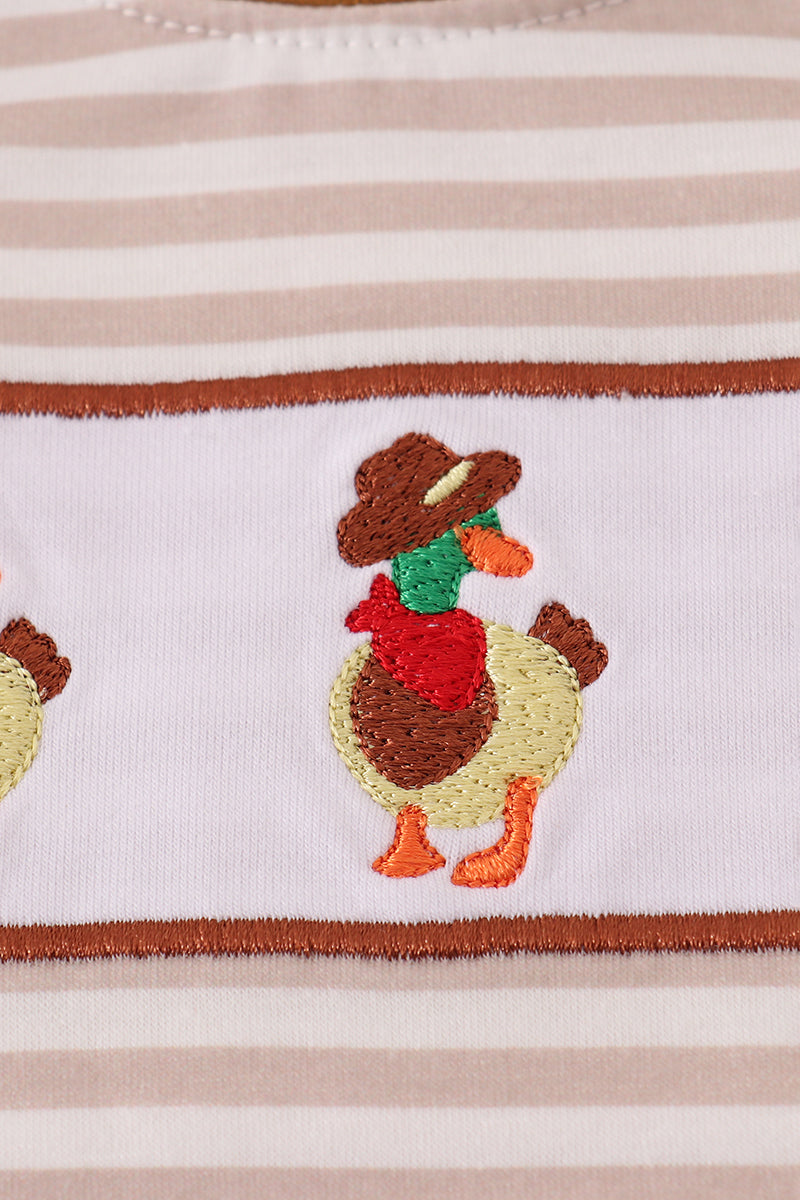 Brown Stripe Duck Embroidery Romper