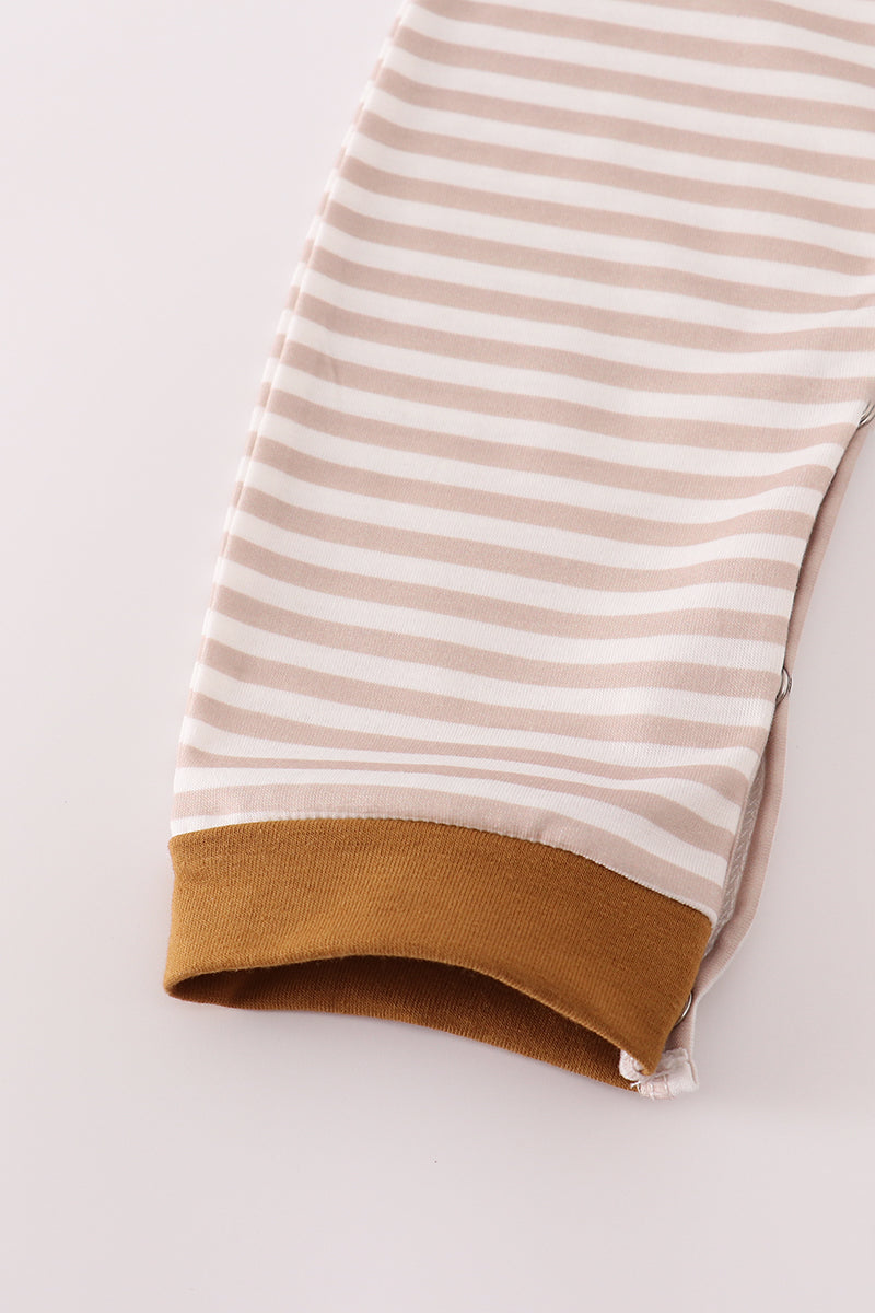 Brown Stripe Duck Embroidery Romper