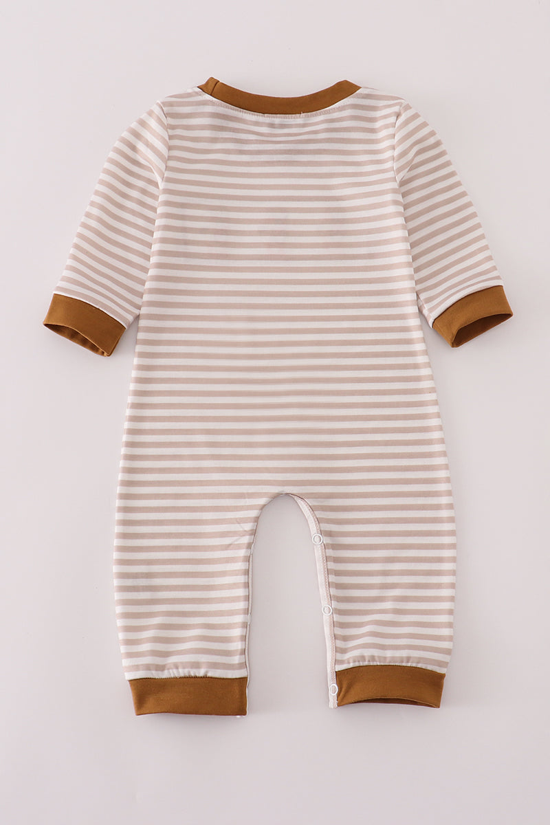 Brown Stripe Duck Embroidery Romper