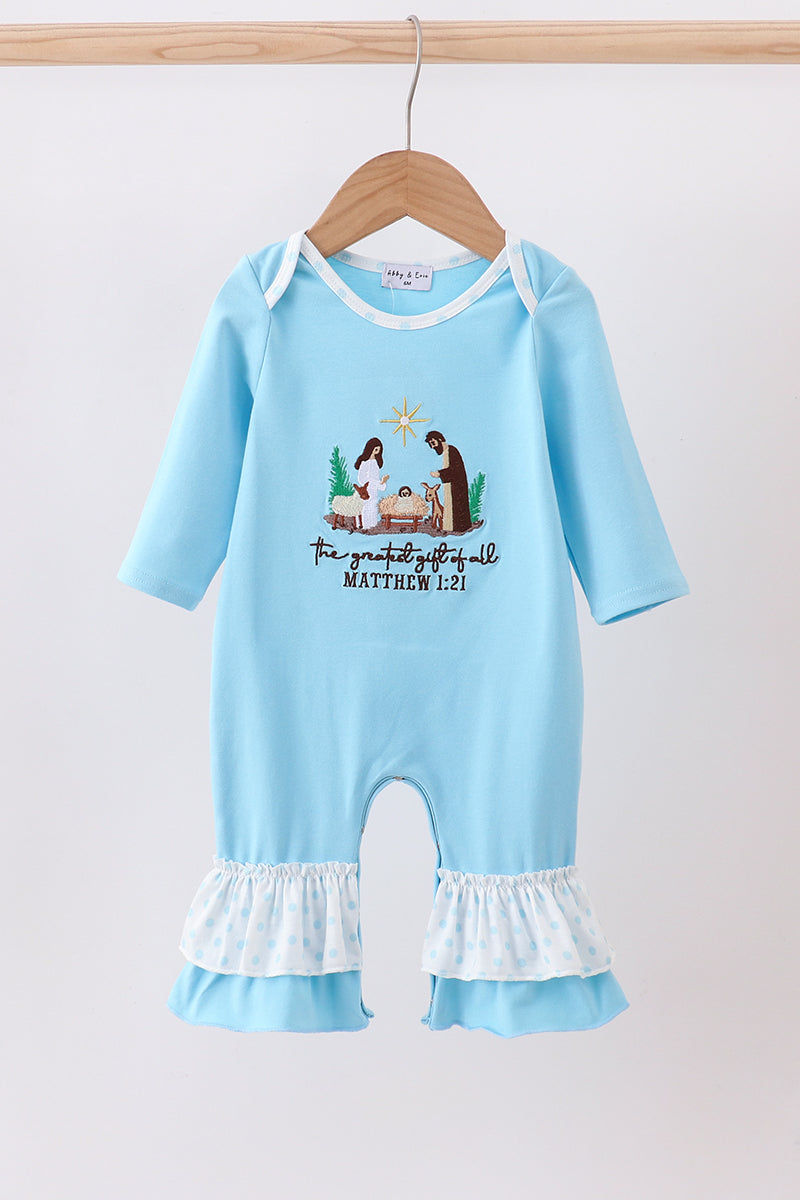 Blue Nativity Embroidery Ruffle Romper