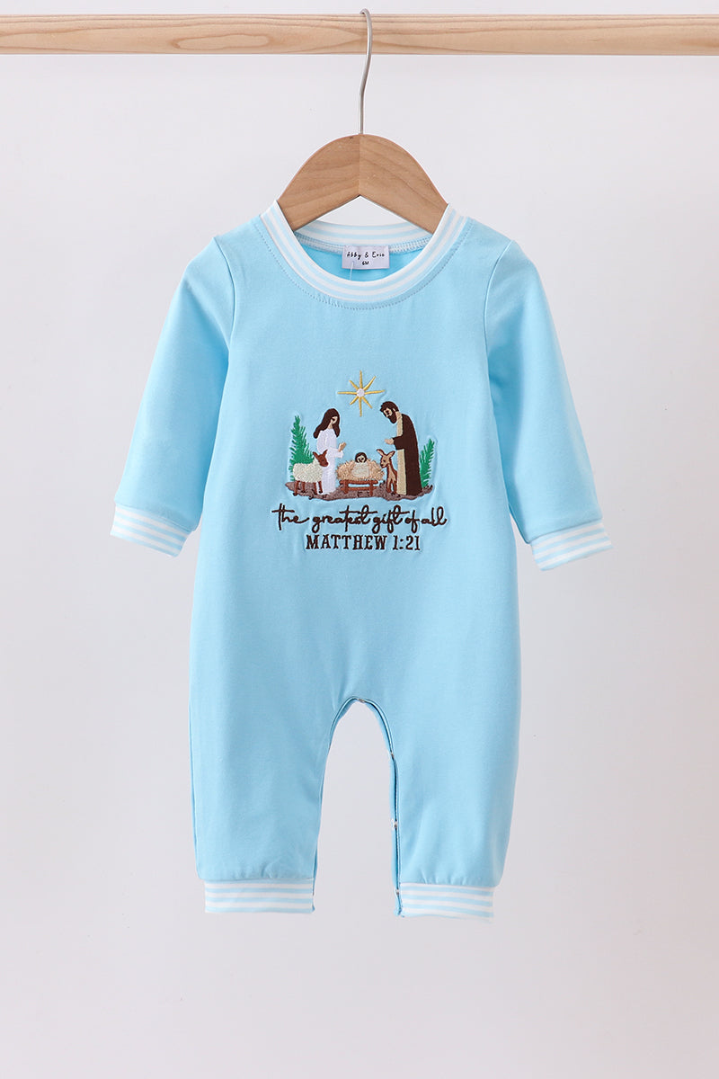 Blue Nativity Embroidery Romper