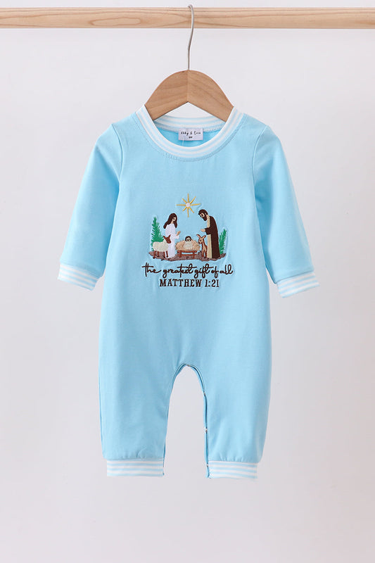 Blue Nativity Embroidery Romper