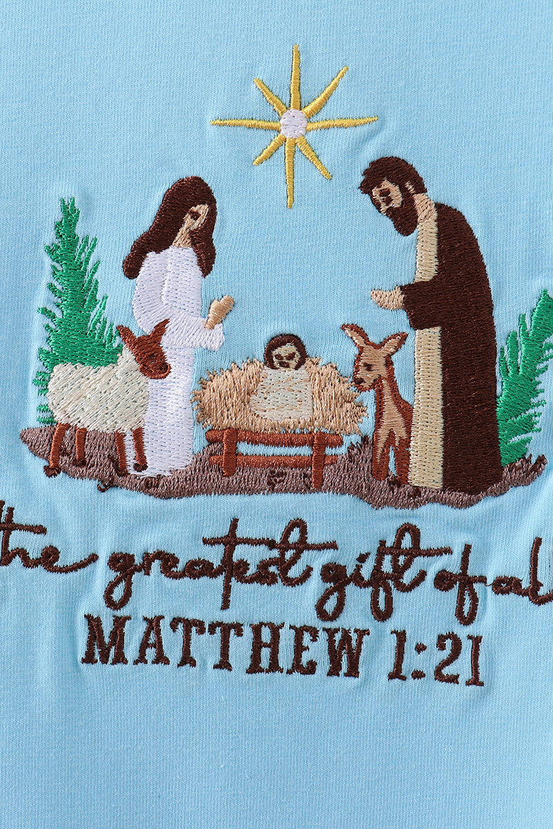Blue Nativity Embroidery Romper
