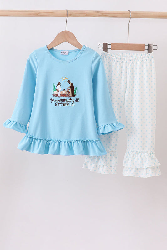 Blue Nativity Embroidery Ruffle Dress Set