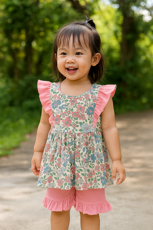 Vintage Floral Print Ruffle Shorts Set