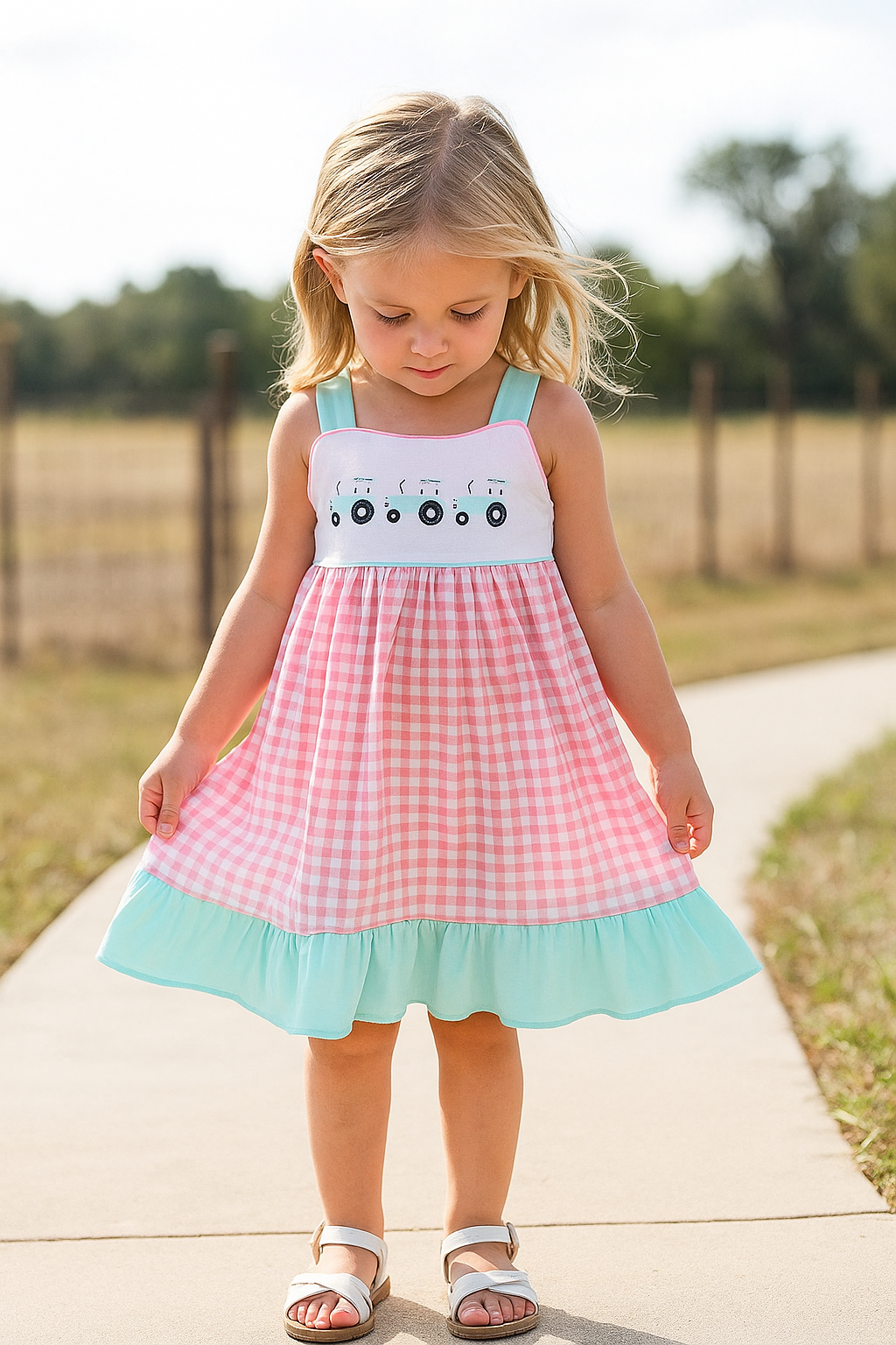Pink Tractor Embroidery Plaid Dress