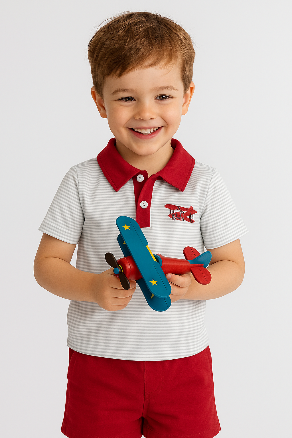 Sage Stripe Plane Embroidery Boy Shirt