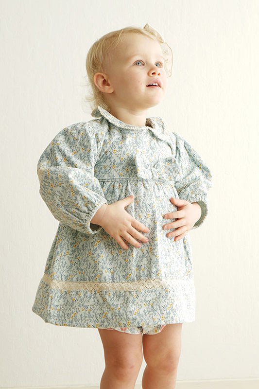 Blue Floral Corduroy Lace Dress
