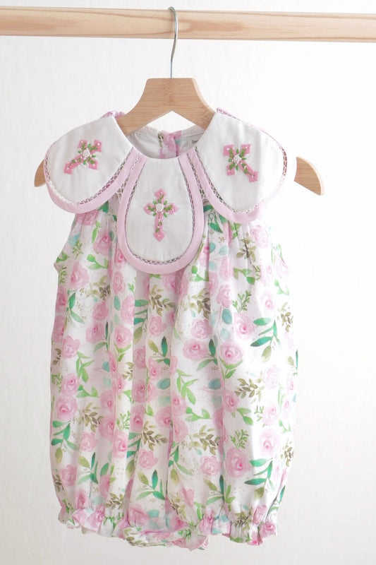 Pink Easter Cross Emrboidery Floral Girl Bubble