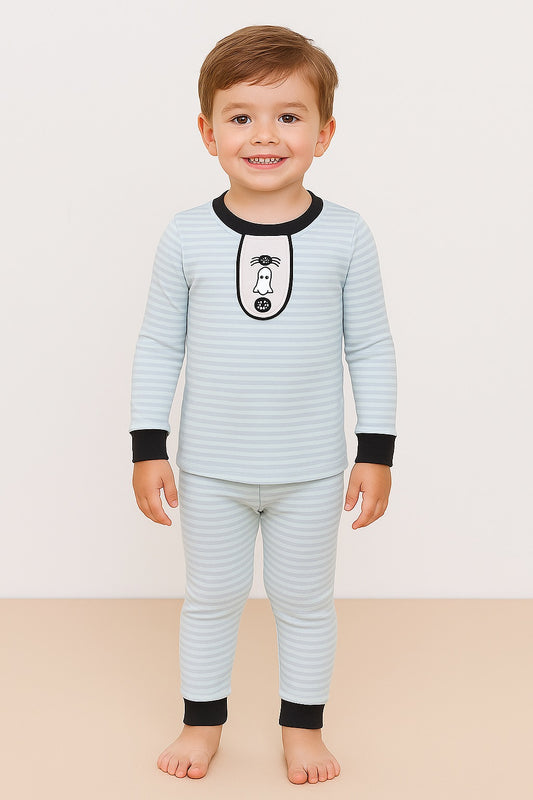 Blue Halloween Spider Embroidery Stripe Pants Set