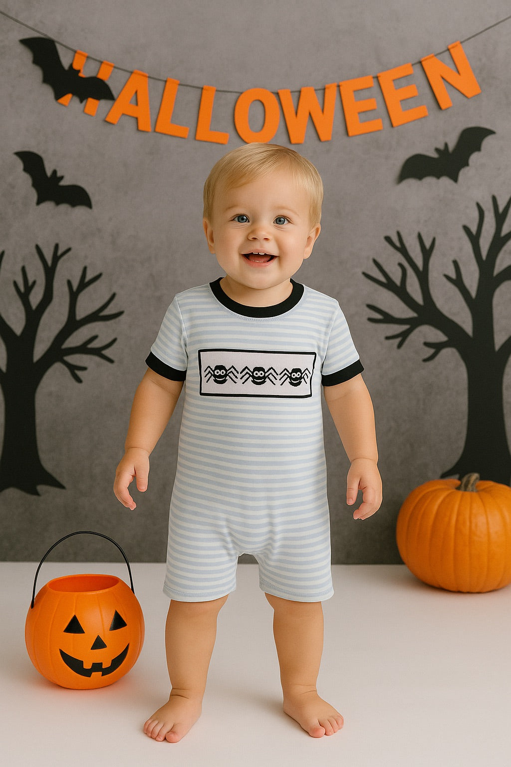 Blue Halloween Spider Embroidery Stripe Romper