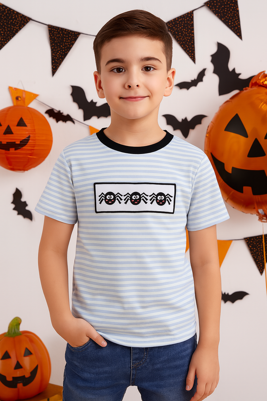 Blue Halloween Spider Embroidery Stripe Top